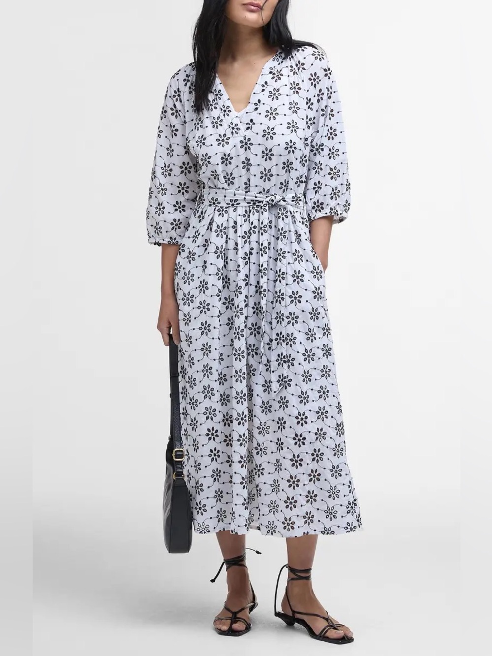 Barbour Erin Embroidered Eyelet Floral Cotton Midi Dress White Black US 14